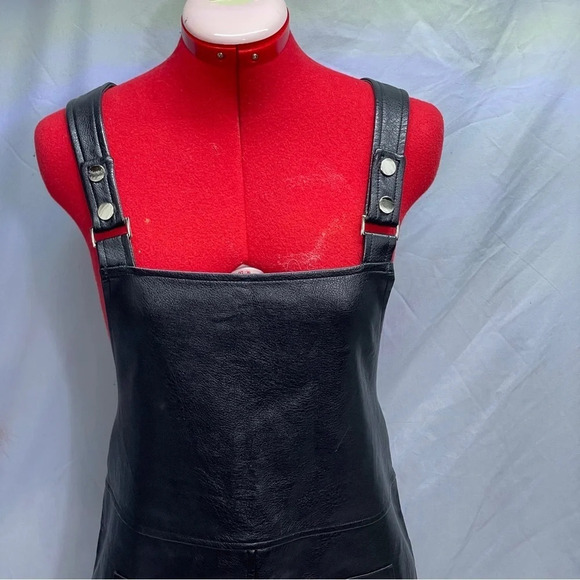 Daphne" Vegan Leather overal dress with adjustable snap bottom shoulder straps - Picture 8 of 12